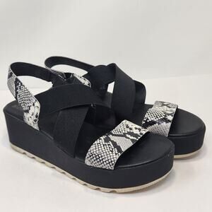 Sorel Cameron Flatform Slingback Sandal Women Size 9 White Black Leather Snake